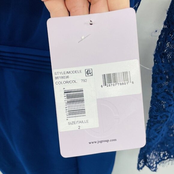 JS Collections Womens Size 2 Stretch Crepe Lace-Sleeve Gown Dress in Blue $299 - Picture 9 of 13